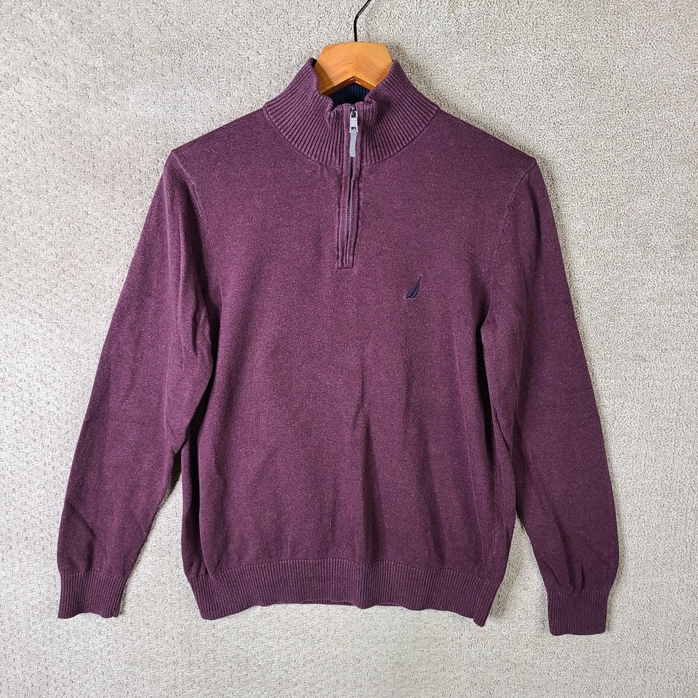 Nautica Sweater Men Small Burgundy Red 1/4 Zip Mock Neck Cotton Preppy Essential